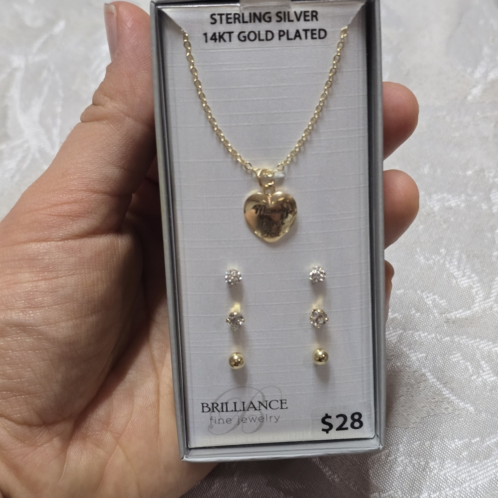 Sterling Silver 14K Gold Plated Girls Mommy Necklace Earrings Valentines Love - Picture 5 of 6